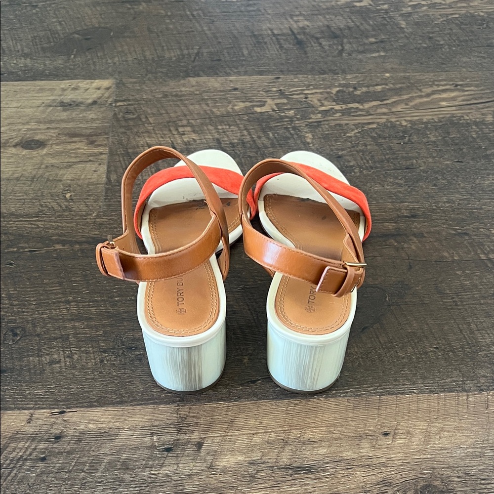 Tory Burch Tan Leather & Coral Suede Block Heel Sandals - Picture 4 of 6